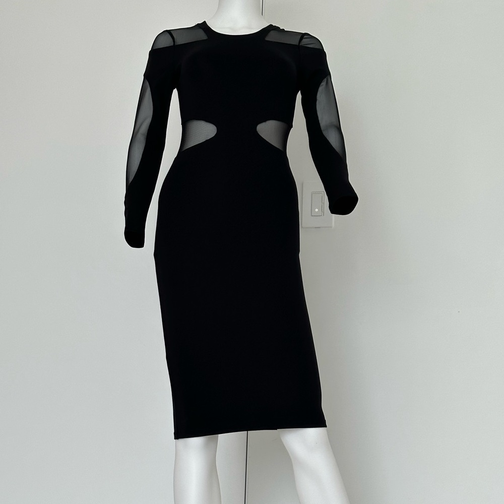 BCBG Maxazria Midi Black Body-Con long Sleeve dress size XXS sheer detail